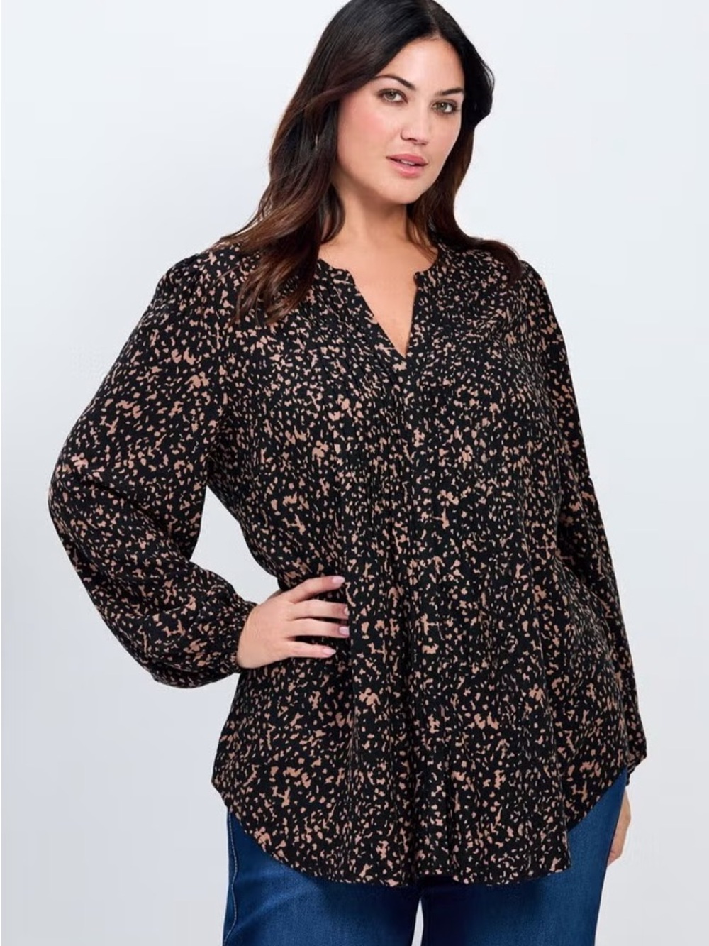 Avenue Plus Size Black Blouse with Tan Abstract Print